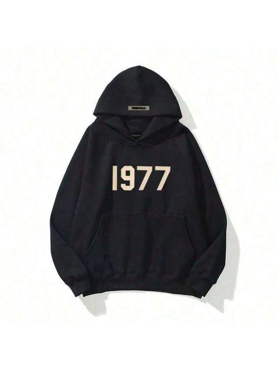 High Street Style 1977 Letter Printed Hoodie - Men's Loose Fit Casual Hooded Sweatshirt-2025 Black