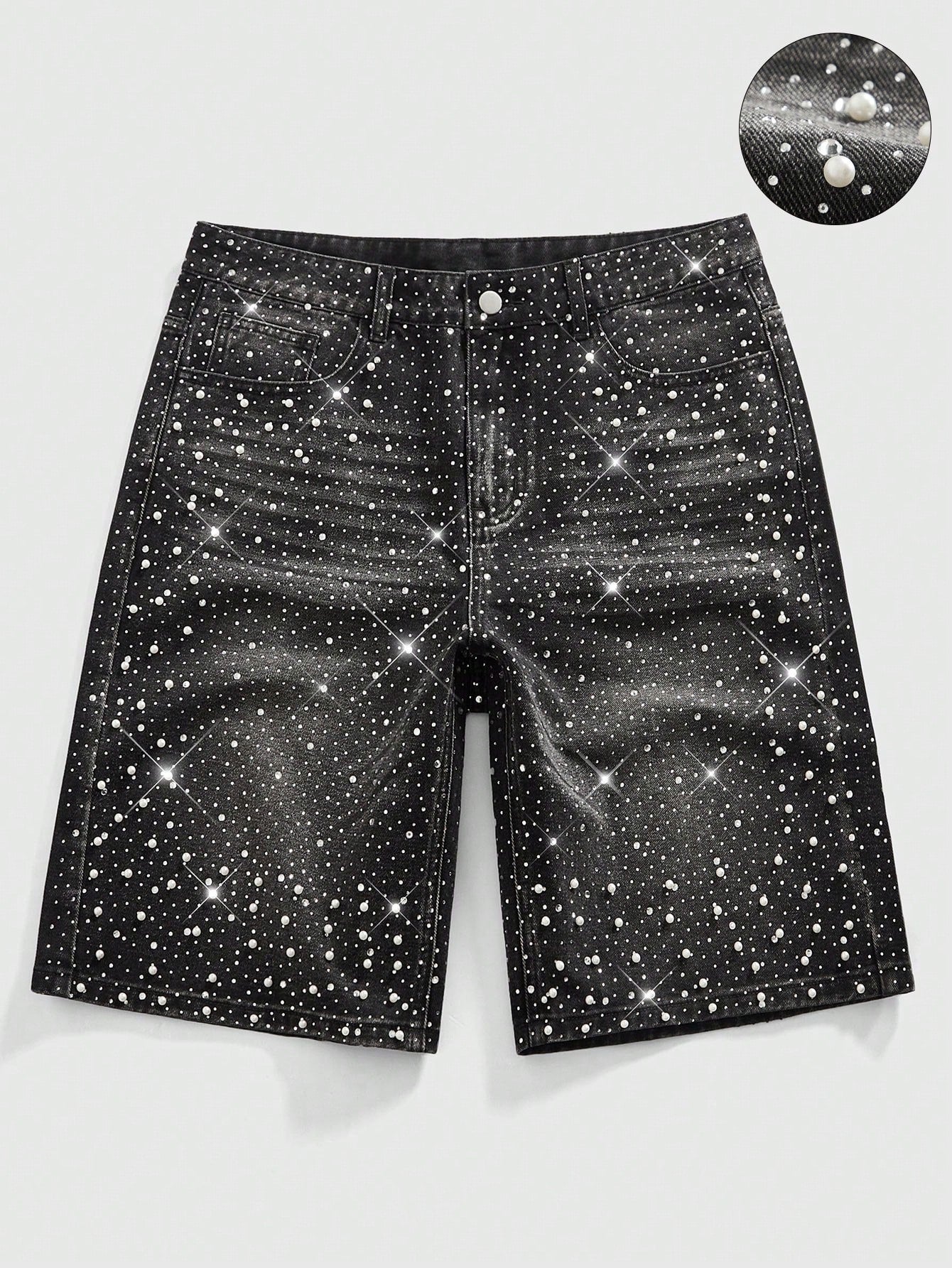 ROMWE MEN Street Life Spring/Summer Casual Men'S Pearl & Diamond Embellished Loose Denim Shorts Dark Grey