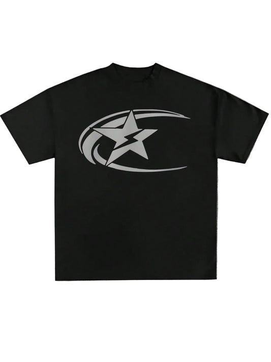 Plus Size Men's,Y2k Plus Star Print Tee ,(1 Pcs )100% Cotton Casual Printed T-Shirt,Crew Neck Short Sleeve,220g  Cotton T-Shirt,For Going Out,Gift,Summer,Unisex Black