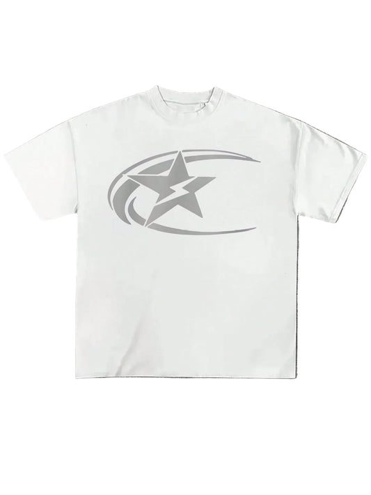 Plus Size Men's,Y2k Plus Star Print Tee ,(1 Pcs )100% Cotton Casual Printed T-Shirt,Crew Neck Short Sleeve,220g  Cotton T-Shirt,For Going Out,Gift,Summer,Unisex White