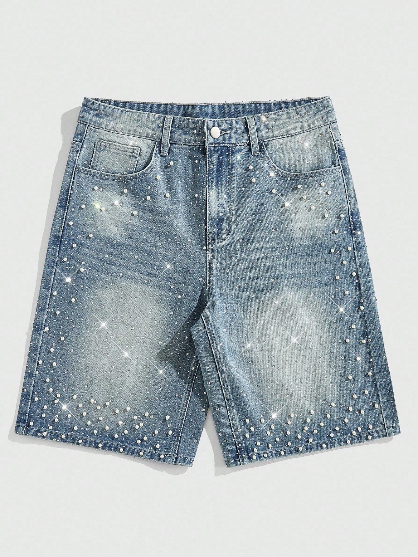 ROMWE MEN Street Life Spring/Summer Casual Men'S Pearl & Diamond Embellished Loose Denim Shorts Baby Blue