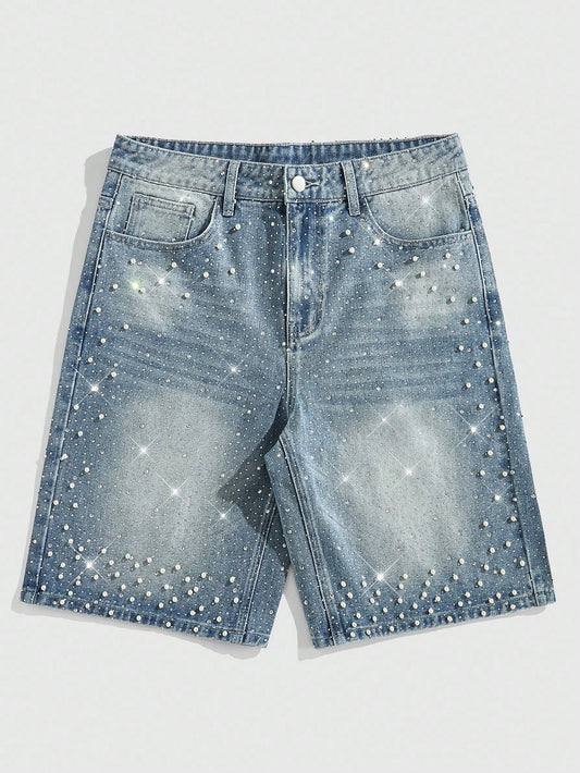 ROMWE MEN Street Life Spring/Summer Casual Men'S Pearl & Diamond Embellished Loose Denim Shorts Baby Blue