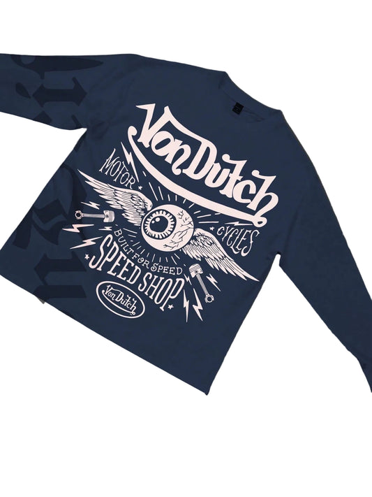 NeonDrift Halloween, Christmas, Thanksgiving Gifts: Men's Long-Sleeve T-Shirt, 250g Cotton Graphic T-Shirt, Men's Fashionable Hip-Hop Style - Long-Sleeve T-Shirt, Funny Vintage Shirt, Regular Fit, Street Style, Digital Printing, Ideal Gift Navy Blue