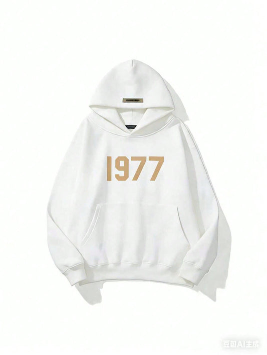 High Street Style 1977 Letter Printed Hoodie - Men's Loose Fit Casual Hooded Sweatshirt-2025 Bright White