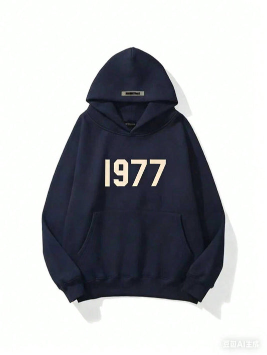 High Street Style 1977 Letter Printed Hoodie - Men's Loose Fit Casual Hooded Sweatshirt-2025 Navy Blue