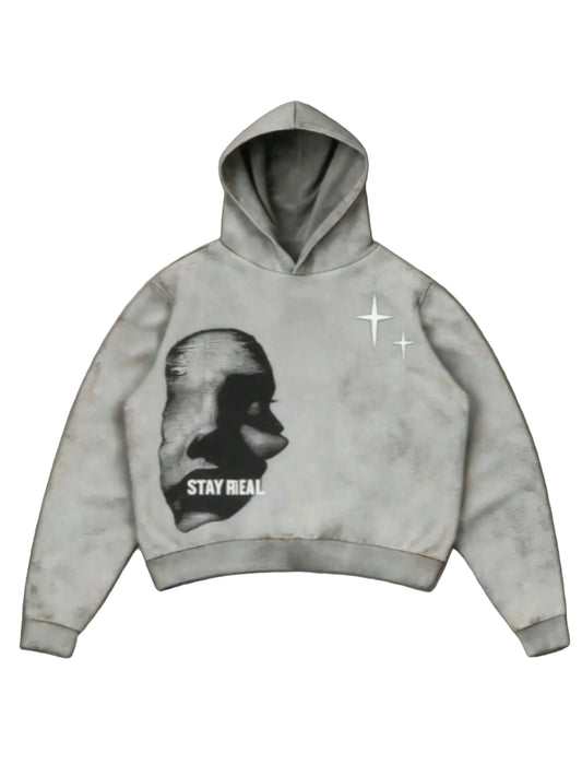 Manfinity Streetrush Men's Face & Letter Print , Casual Minimalist Graphic Streetwear Pullover Sweatshirt2025 Light Grey